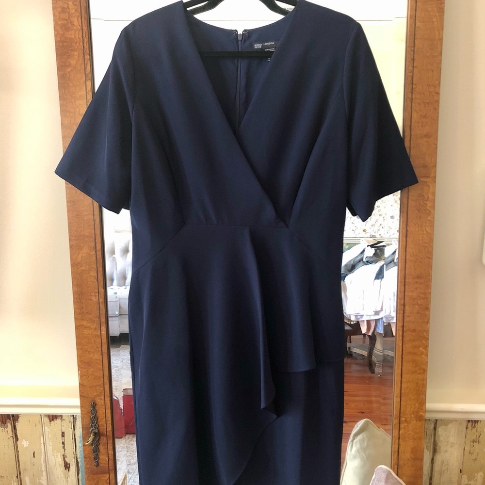 Navy blue, faux wrap, knee length dress.